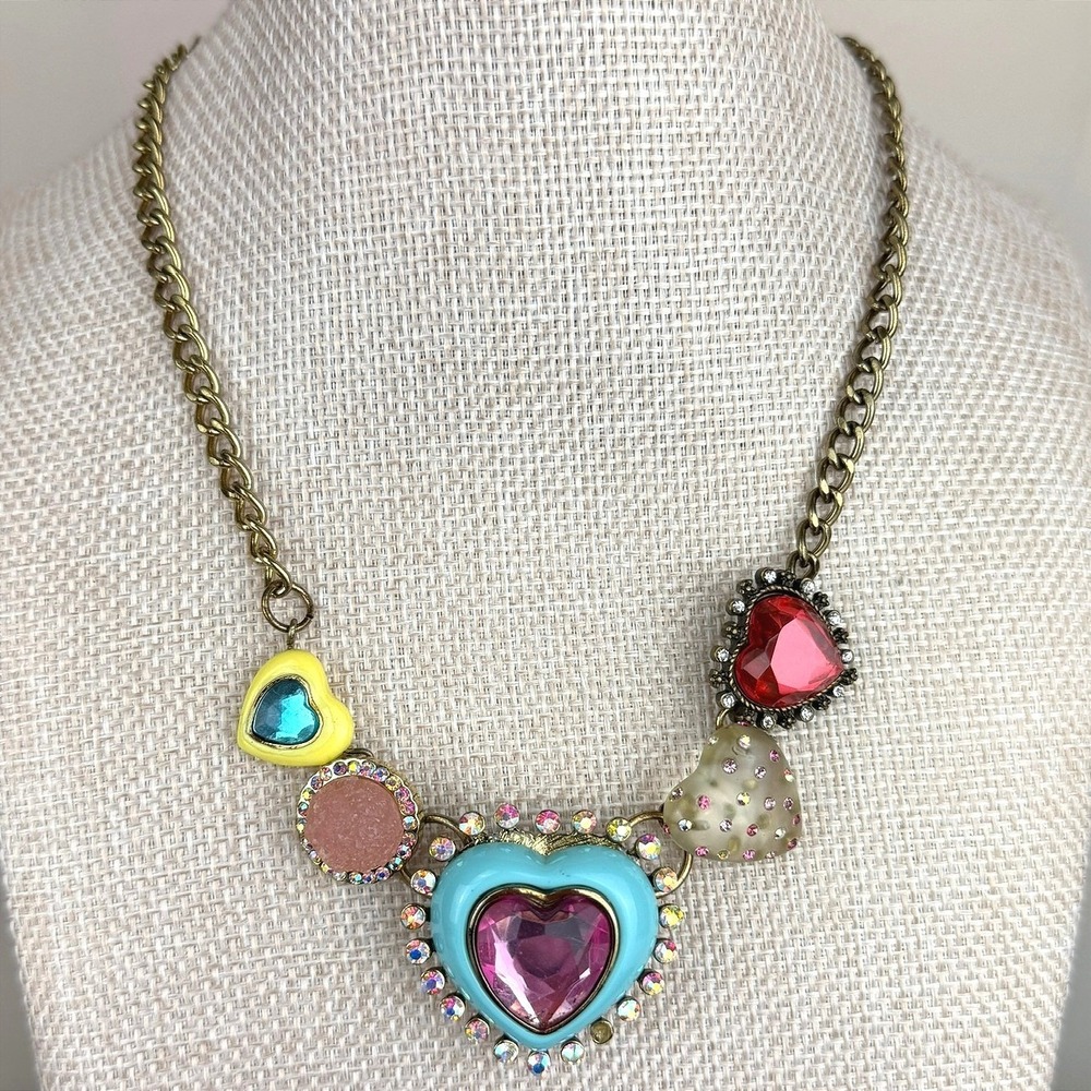 Vintage BETSEY JOHNSON Candyland Necklace Crystal Heart Glam Fairy Rave Y2Kโ